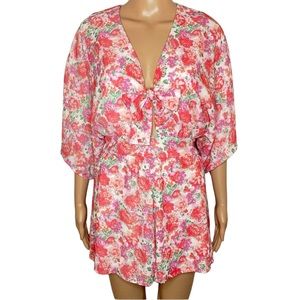 Peach Love California Pink Floral Flutter Sleeve Romper With Bow Size Small